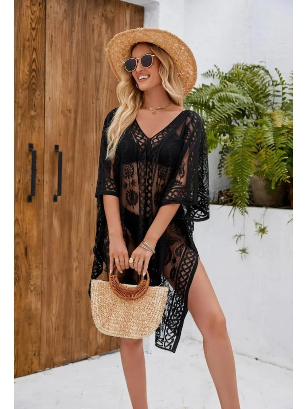 Women Black Polyester V-Neck Elegant Lace Beach Cover Up For Poolside And Party